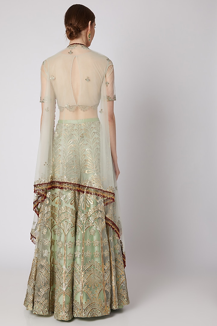 Light Mint Green Embroidered Palazzo Pants & Blouse With Jacket by Abha Choudhary at Pernia's Pop Up Shop