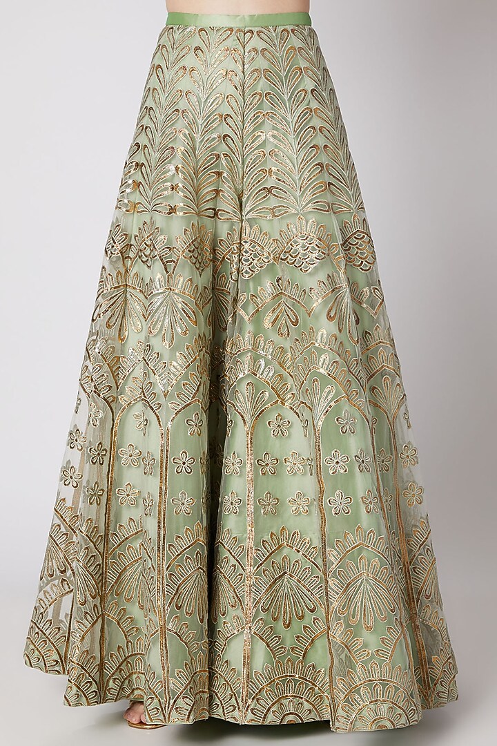 Light Mint Green Embroidered Palazzo Pants & Blouse With Jacket by Abha Choudhary at Pernia's Pop Up Shop