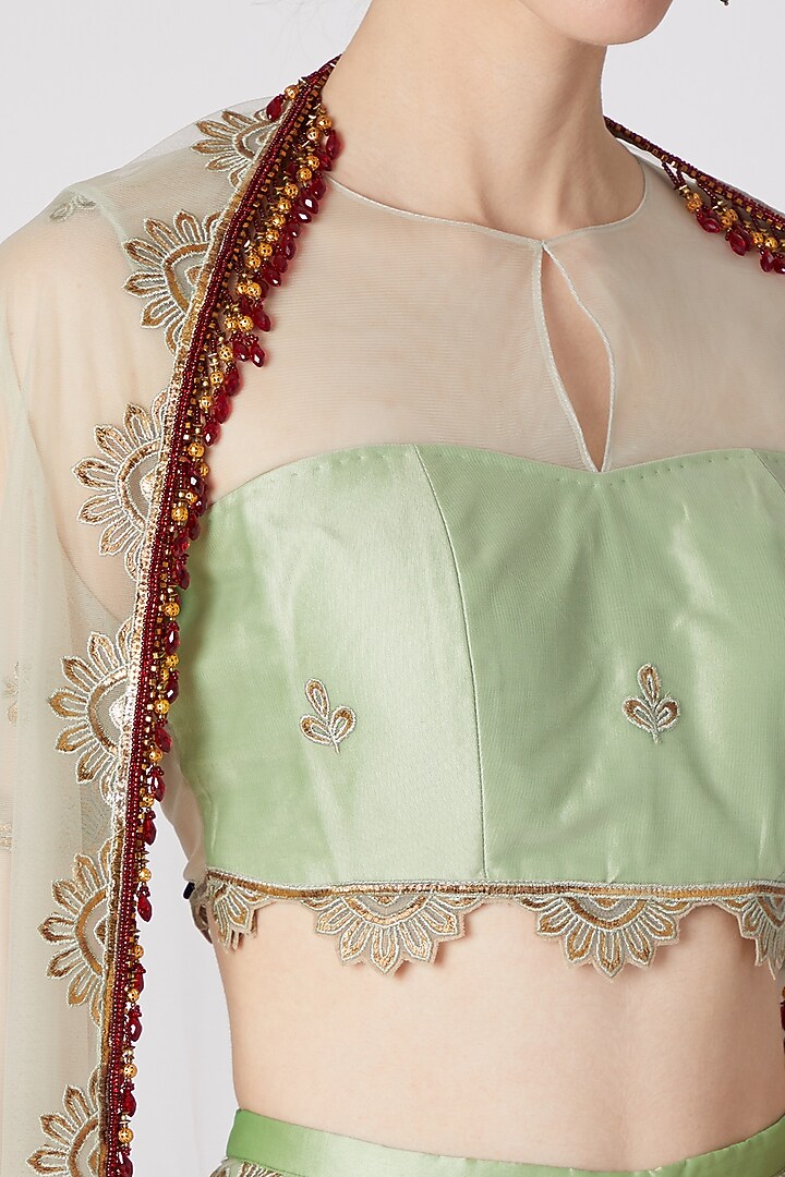 Light Mint Green Embroidered Palazzo Pants & Blouse With Jacket by Abha Choudhary at Pernia's Pop Up Shop