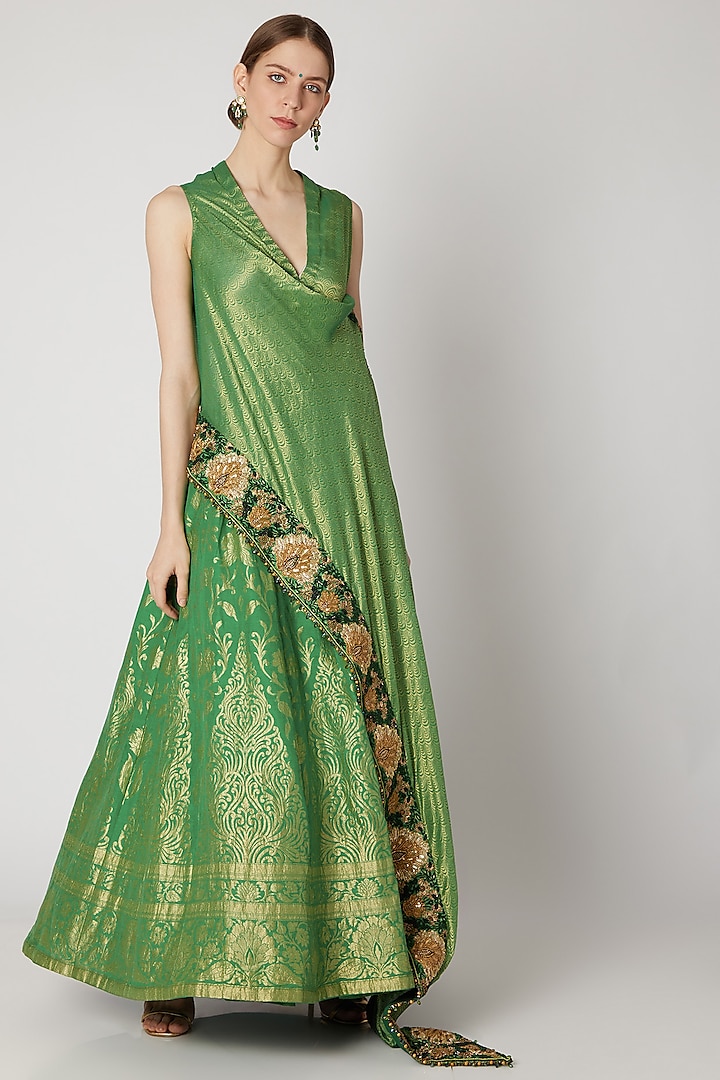 Emerald Green Embroidered Wrap Around Top With Skirt by Abha Choudhary