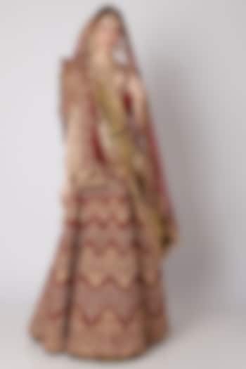 Deep Red Bridal Lehenga Set With Belt by Abha Choudhary at Pernia's Pop Up Shop