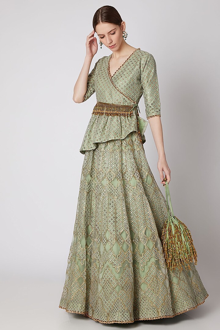 Dull Mint Green Embroidered Kurta With Skirt by Abha Choudhary