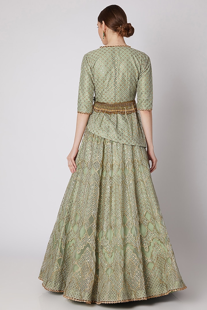 Dull Mint Green Embroidered Kurta With Skirt by Abha Choudhary at Pernia's Pop Up Shop