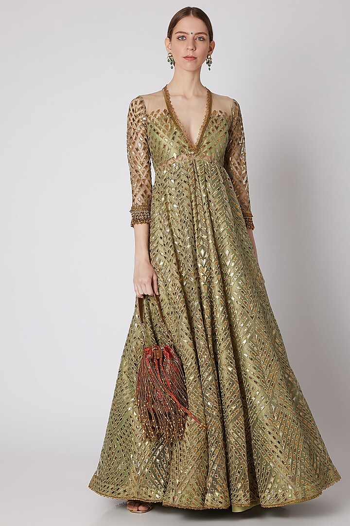 Dull Green Embroidered Anarkali by Abha Choudhary