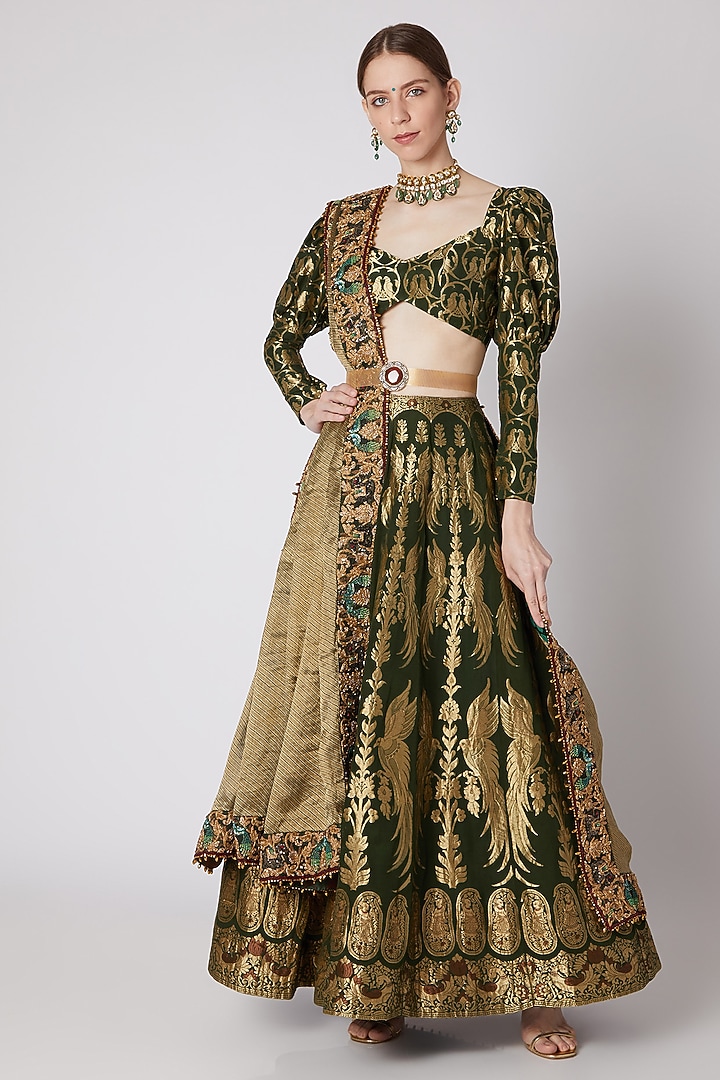 Dull Bottle Green Embroidered Bridal Lehenga Set With Belt by Abha Choudhary at Pernia's Pop Up Shop