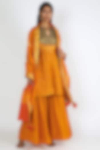 Orange Embroidered Sharara Set by Abha Choudhary