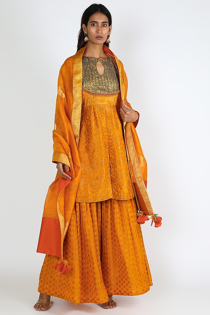 Orange Embroidered Sharara Set by Abha Choudhary