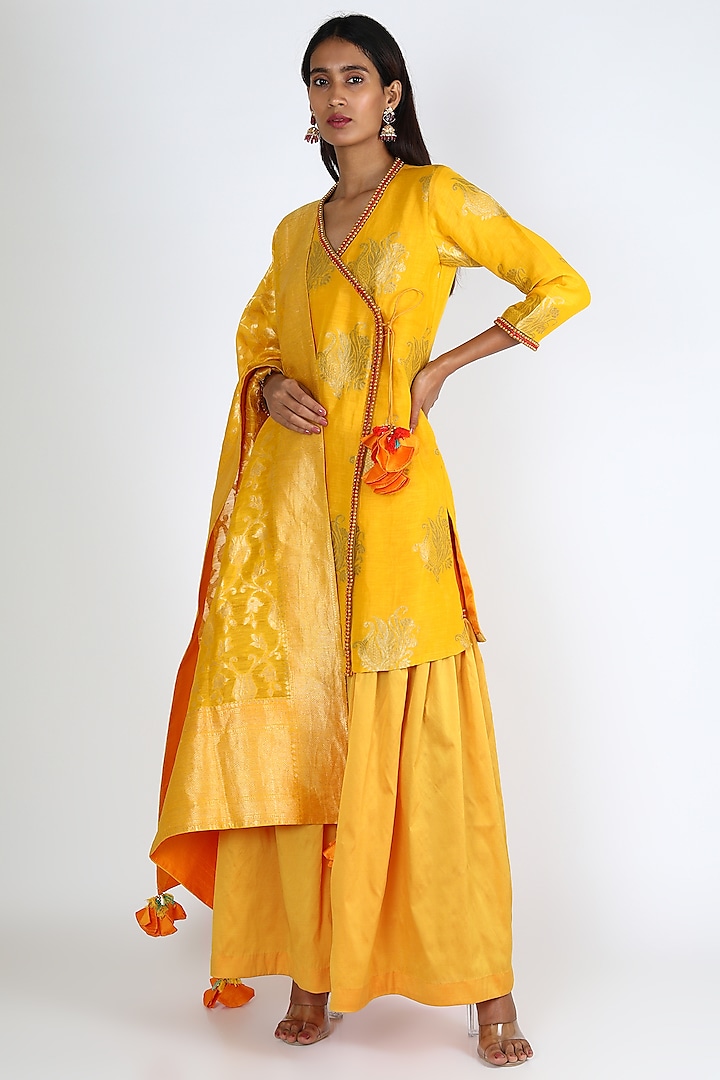 Yellow Embroidered Sharara Set by Abha Choudhary