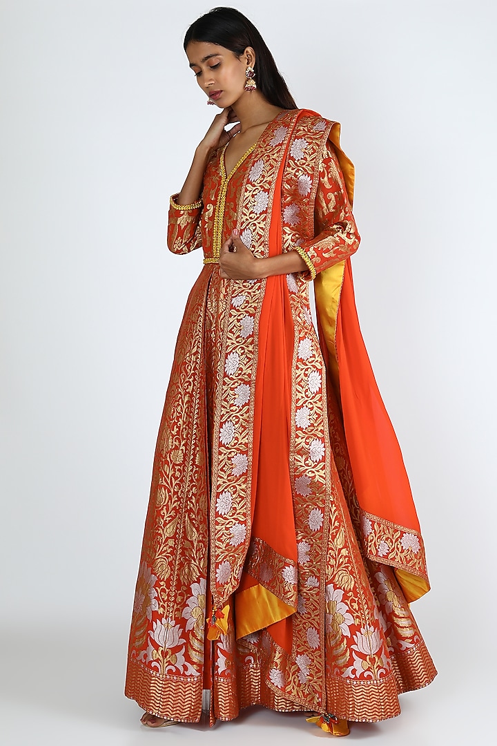 Orange Embroidered Anarkali Set by Abha Choudhary at Pernia's Pop Up Shop