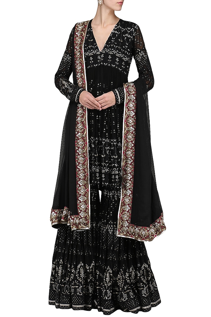 Black sequin embellished sharara set available only at Pernia's Pop Up Shop.