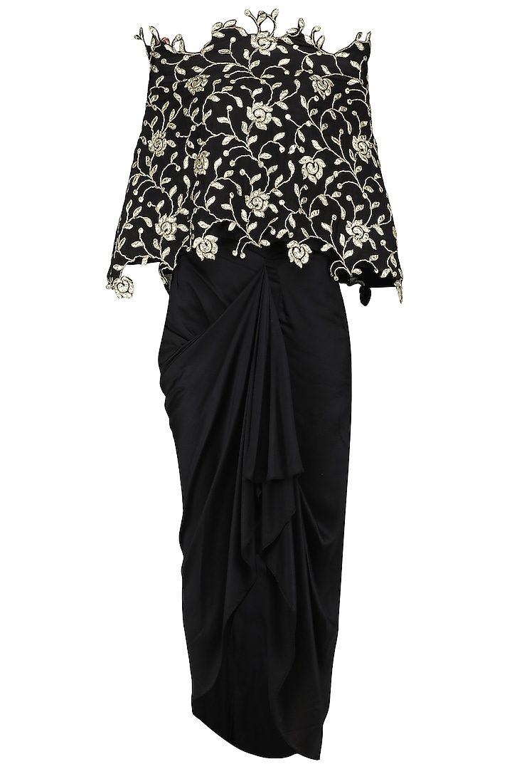 Black Off Shoulder Top with Dhoti Skirt by Abha Choudhary