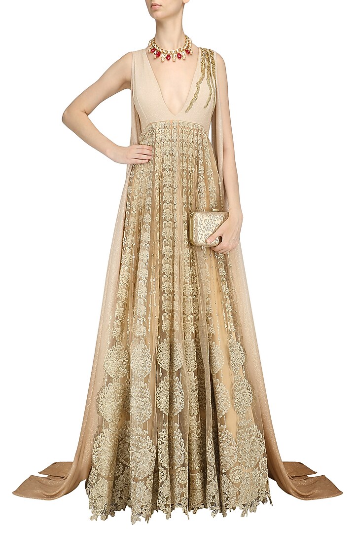 Gold faux tailed ombre sleeves anarkali available only at Pernia's Pop Up Shop.