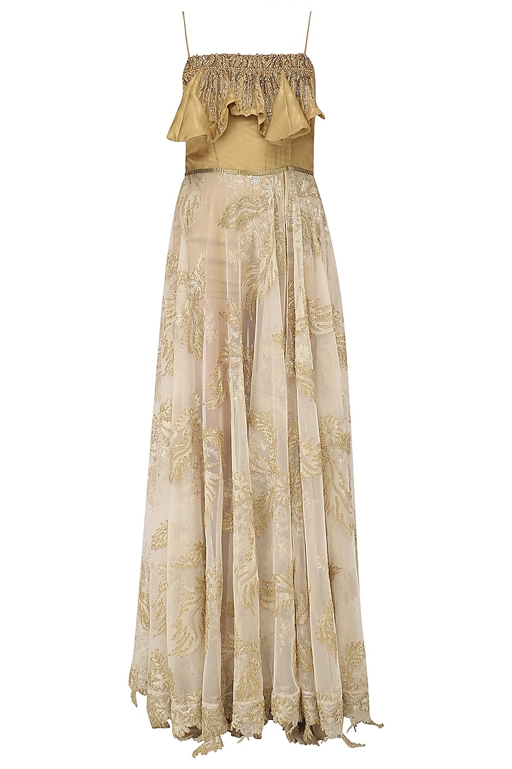 Gold Ruffled Playsuit with Slit Skirt by Abha Choudhary