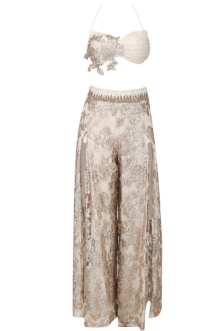 Cream Slit Pants, Bralet and A Cuff Tailed Sleeve Set by Abha Choudhary