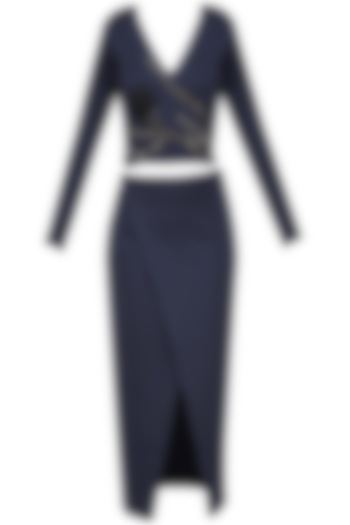 Midnight Blue Embroidered Crop Top and Skirt by Abha Choudhary