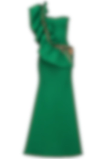 Emerald Green One Shoulder Ruffled Gown by Abha Choudhary