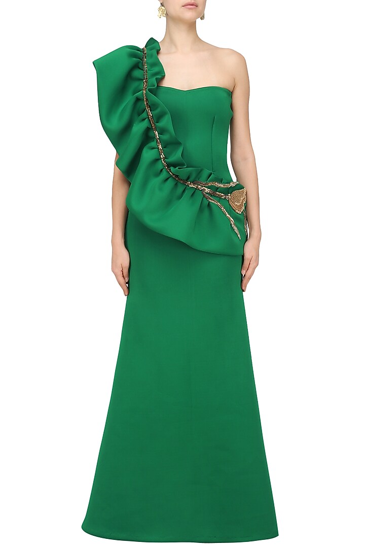 Emerald green one shoulder ruffled gown available only at Pernia's Pop Up Shop.