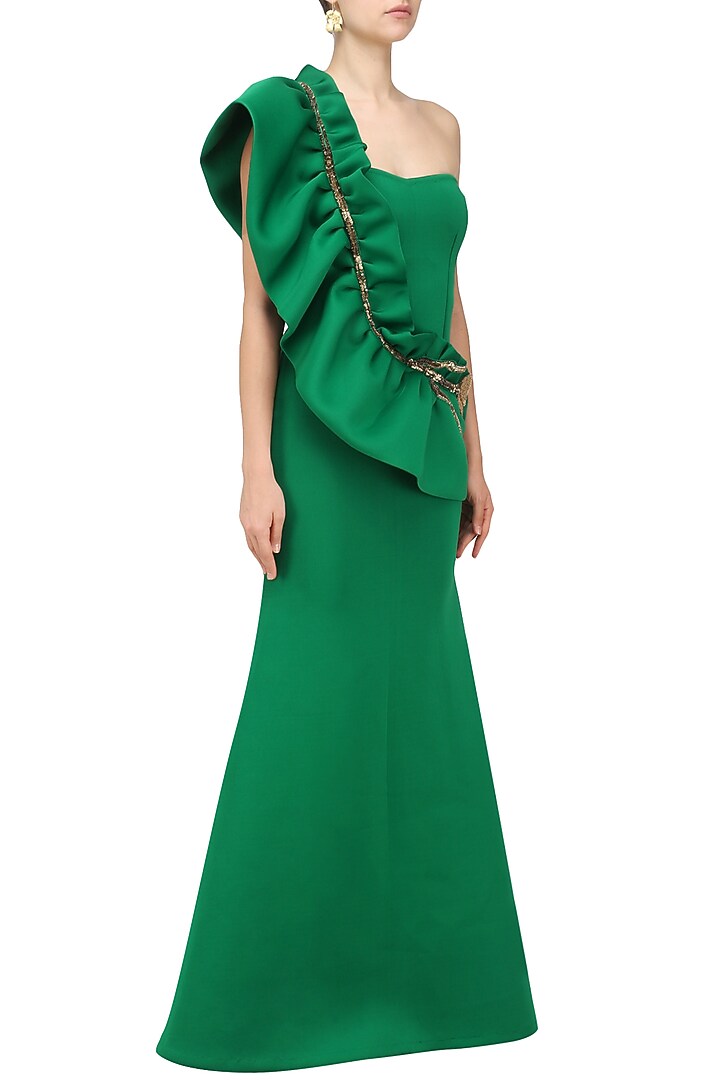 Emerald green one shoulder ruffled gown available only at Pernia's Pop Up Shop.
