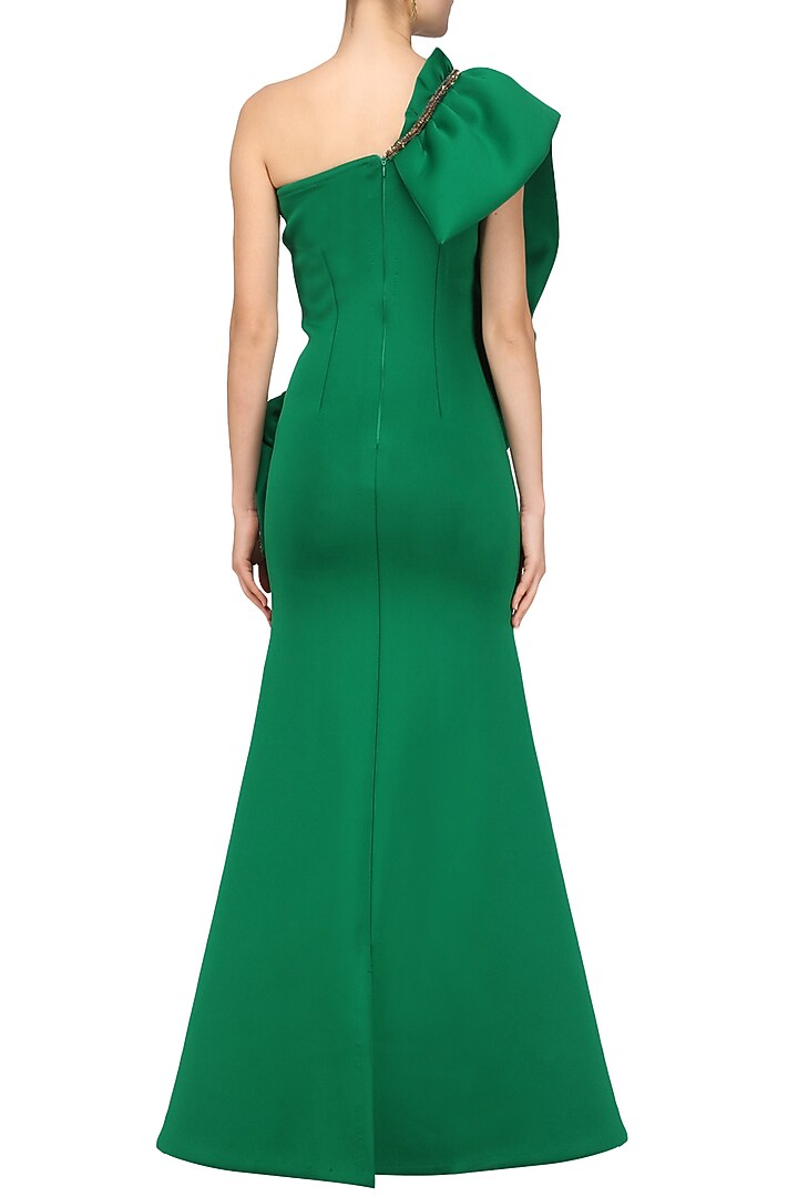 Emerald green one shoulder ruffled gown available only at Pernia's Pop Up Shop.