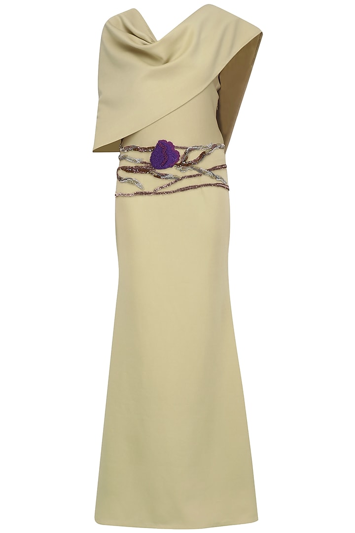 Beige Pleated Stole Embroidered Gown by Abha Choudhary