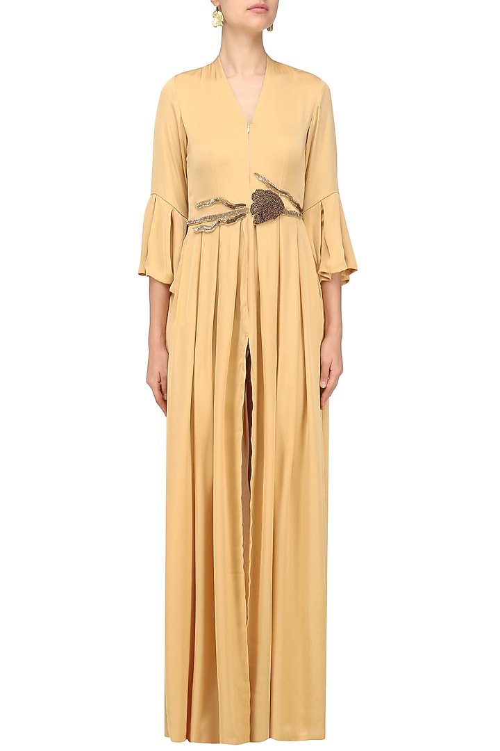 Peach gold pleated embroidered kurta jacket available only at Pernia's Pop Up Shop.
