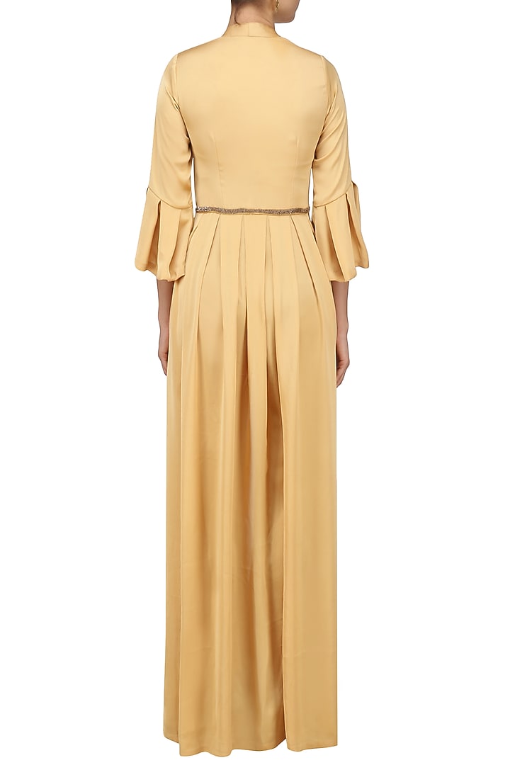 Peach gold pleated embroidered kurta jacket available only at Pernia's Pop Up Shop.