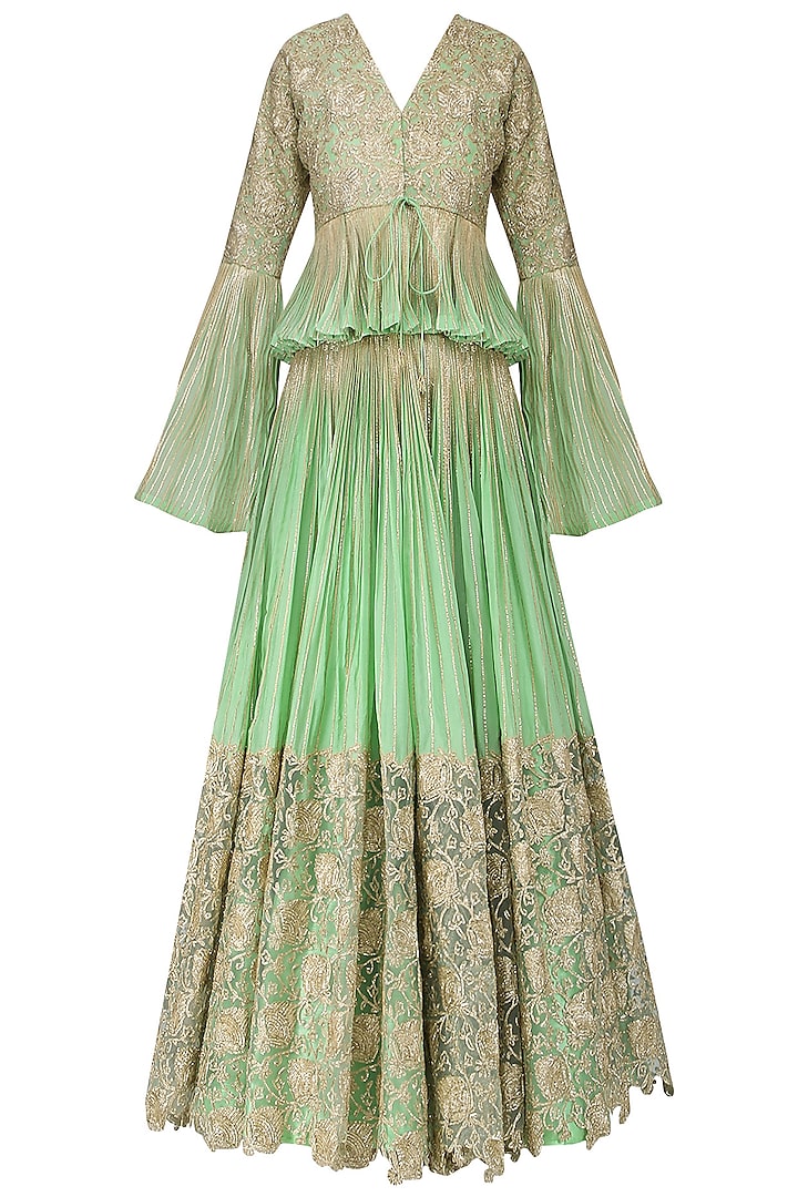 Mint Green Embroidered Peplum Blouse with Lehenga Skirt by Abha Choudhary