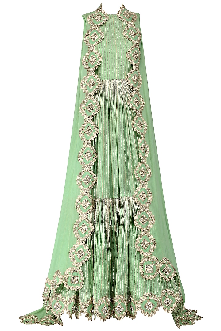 Mint Green Embroidered Anarkali with Asymmetrical Cape by Abha Choudhary