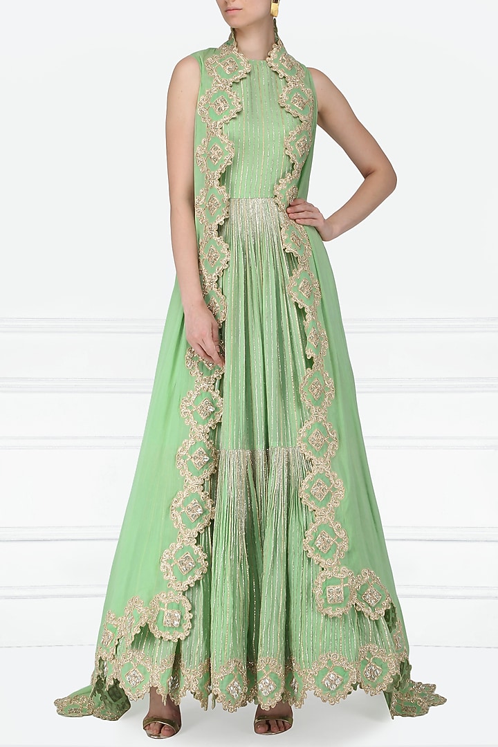 Mint green embroidered anarkali with asymmetrical cape available only at Pernia's Pop Up Shop.