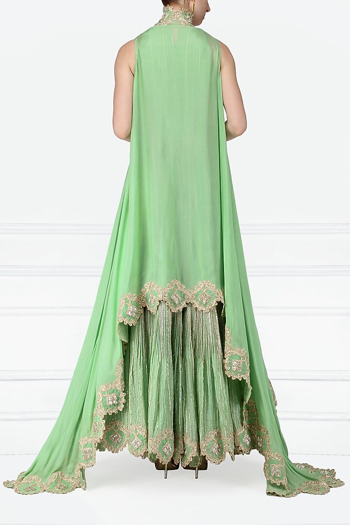 Mint green embroidered anarkali with asymmetrical cape available only at Pernia's Pop Up Shop.