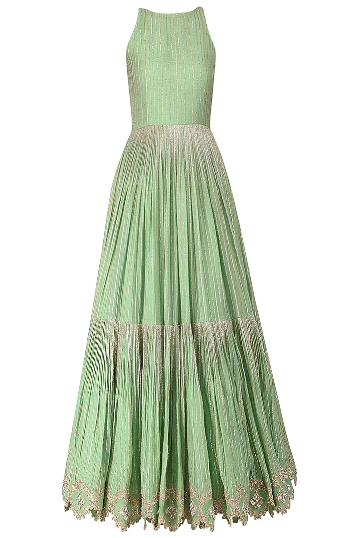 Mint green embroidered anarkali with asymmetrical cape available only at Pernia's Pop Up Shop.