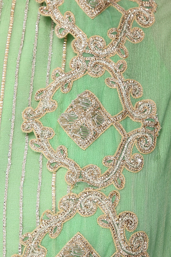 Mint green embroidered anarkali with asymmetrical cape available only at Pernia's Pop Up Shop.