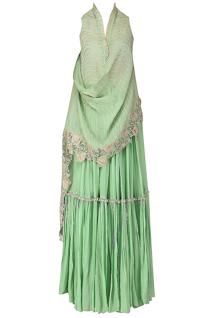 Mint Green Embroidered Drape Top with Lehenga Skirt by Abha Choudhary