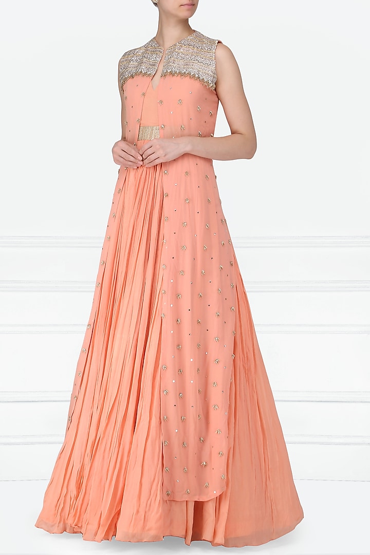 Peach anarkali with embroidered jacket available only at Pernia's Pop Up Shop.