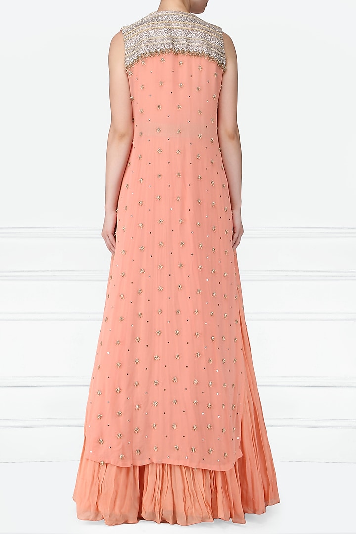 Peach anarkali with embroidered jacket available only at Pernia's Pop Up Shop.