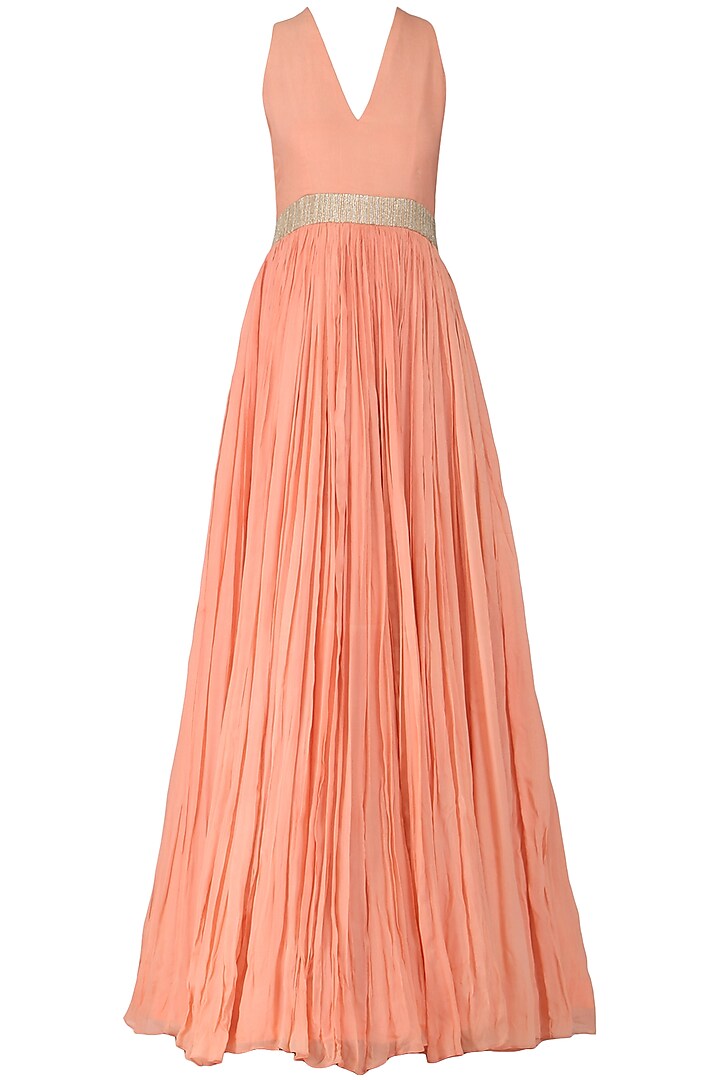 Peach anarkali with embroidered jacket available only at Pernia's Pop Up Shop.