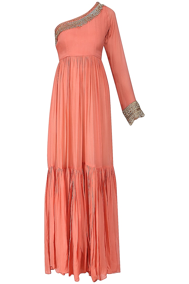 Peach One Shoulder Embroidered Tiered Tunic by Abha Choudhary