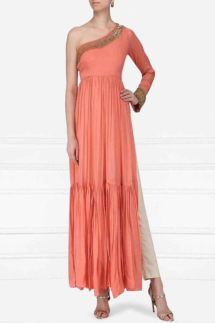 Peach one shoulder embroidered tiered tunic available only at Pernia's Pop Up Shop.