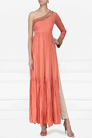 Peach One Shoulder Embroidered Tiered Tunic by Abha Choudhary