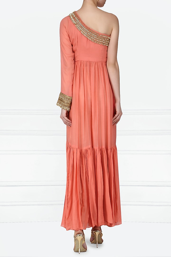 Peach one shoulder embroidered tiered tunic available only at Pernia's Pop Up Shop.