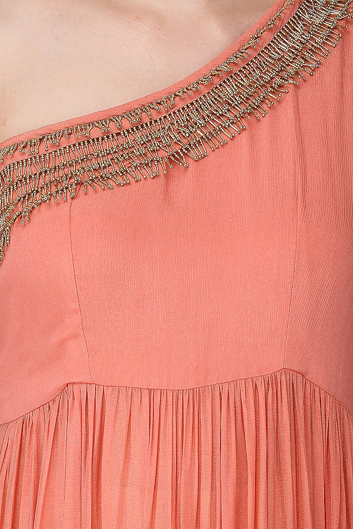 Peach one shoulder embroidered tiered tunic available only at Pernia's Pop Up Shop.