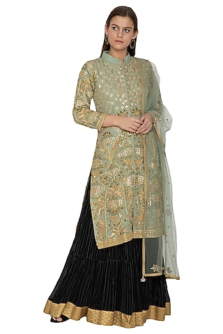 Olive Green Embroidered Lehenga Set by Bodhitree Jaipur