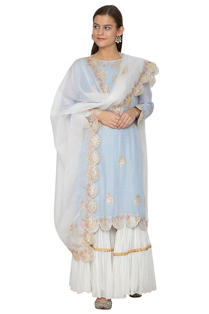 Powder Blue & White Embroidered Gharara Set by Bodhitree Jaipur
