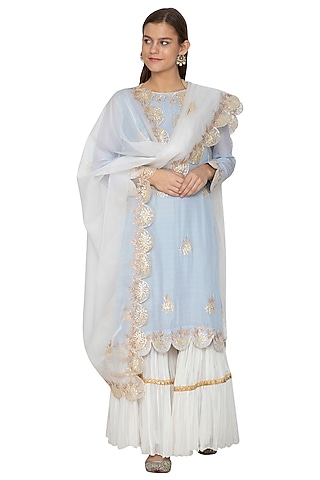 Powder Blue & White Embroidered Gharara Set by Bodhitree Jaipur