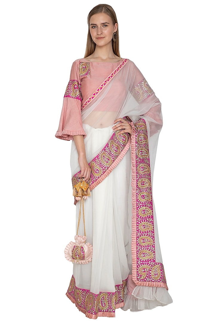 White Embroidered Pre-Draped Saree Set by Bodhitree Jaipur