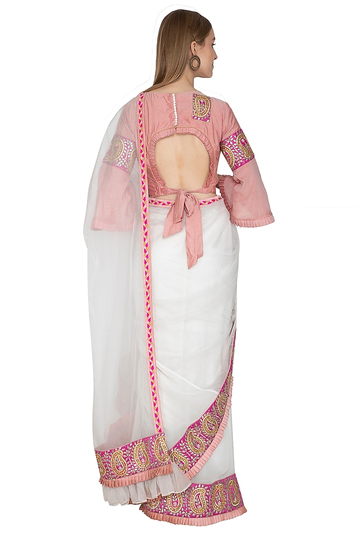 White Embroidered Pre-Draped Wedding Saree Set by Bodhitree Jaipur at Pernia's Pop Up Shop
