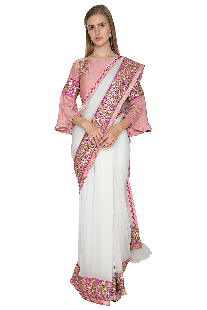White Embroidered Pre-Draped Wedding Saree Set by Bodhitree Jaipur at Pernia's Pop Up Shop