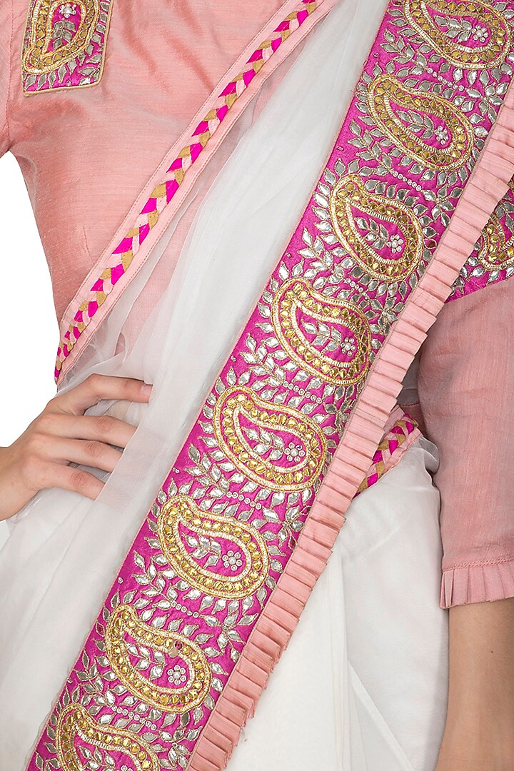 White Embroidered Pre-Draped Wedding Saree Set by Bodhitree Jaipur at Pernia's Pop Up Shop
