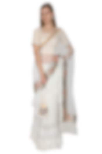 White Embroidered Pre-Draped & Ruffled Saree Set by Bodhitree Jaipur at Pernia's Pop Up Shop