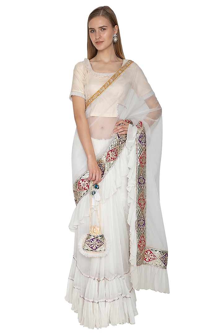 White Embroidered Pre-Draped & Ruffled Saree Set by Bodhitree Jaipur